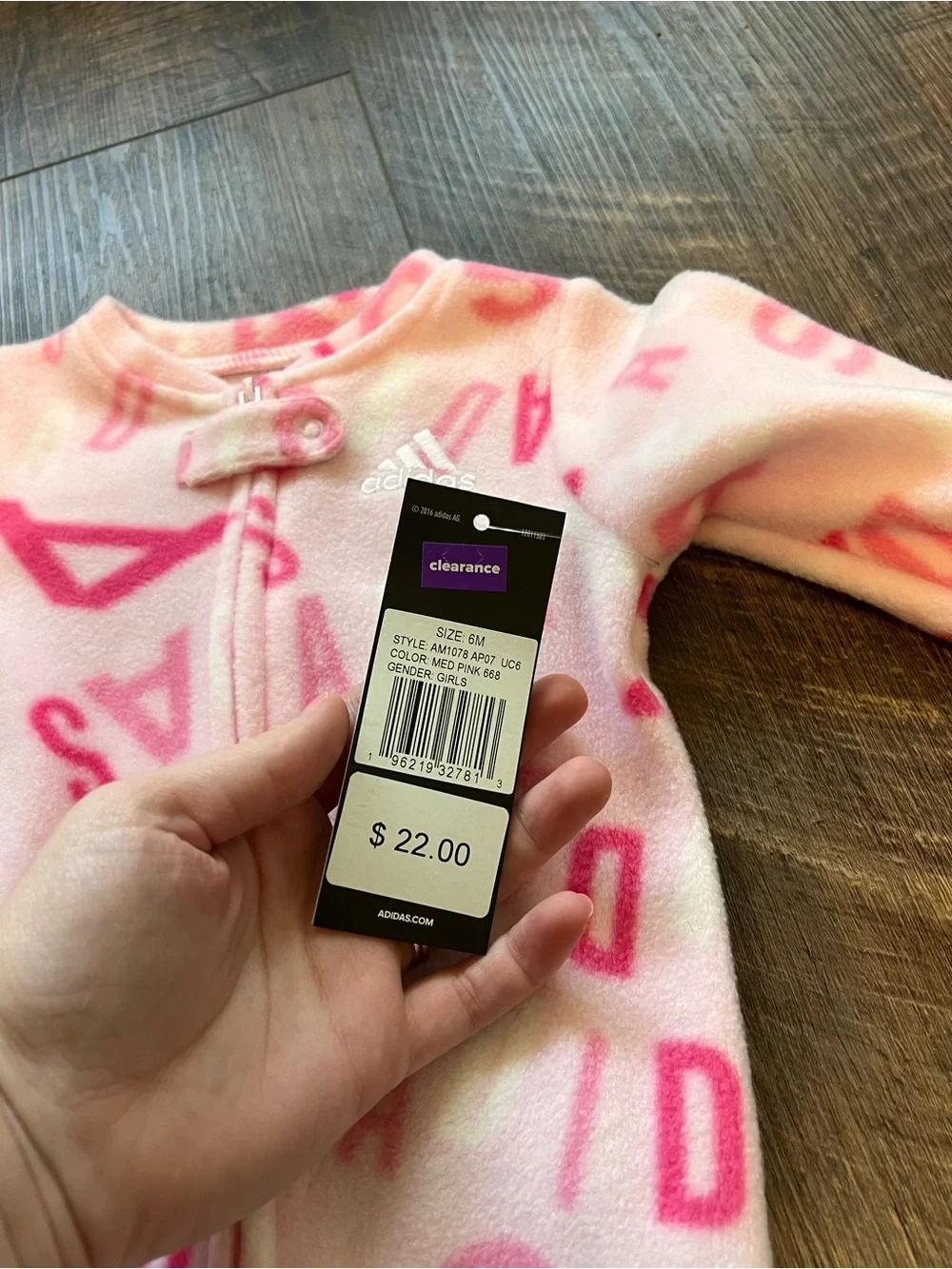 adidas Pink Fleece Footed One-Piece with Logo Print